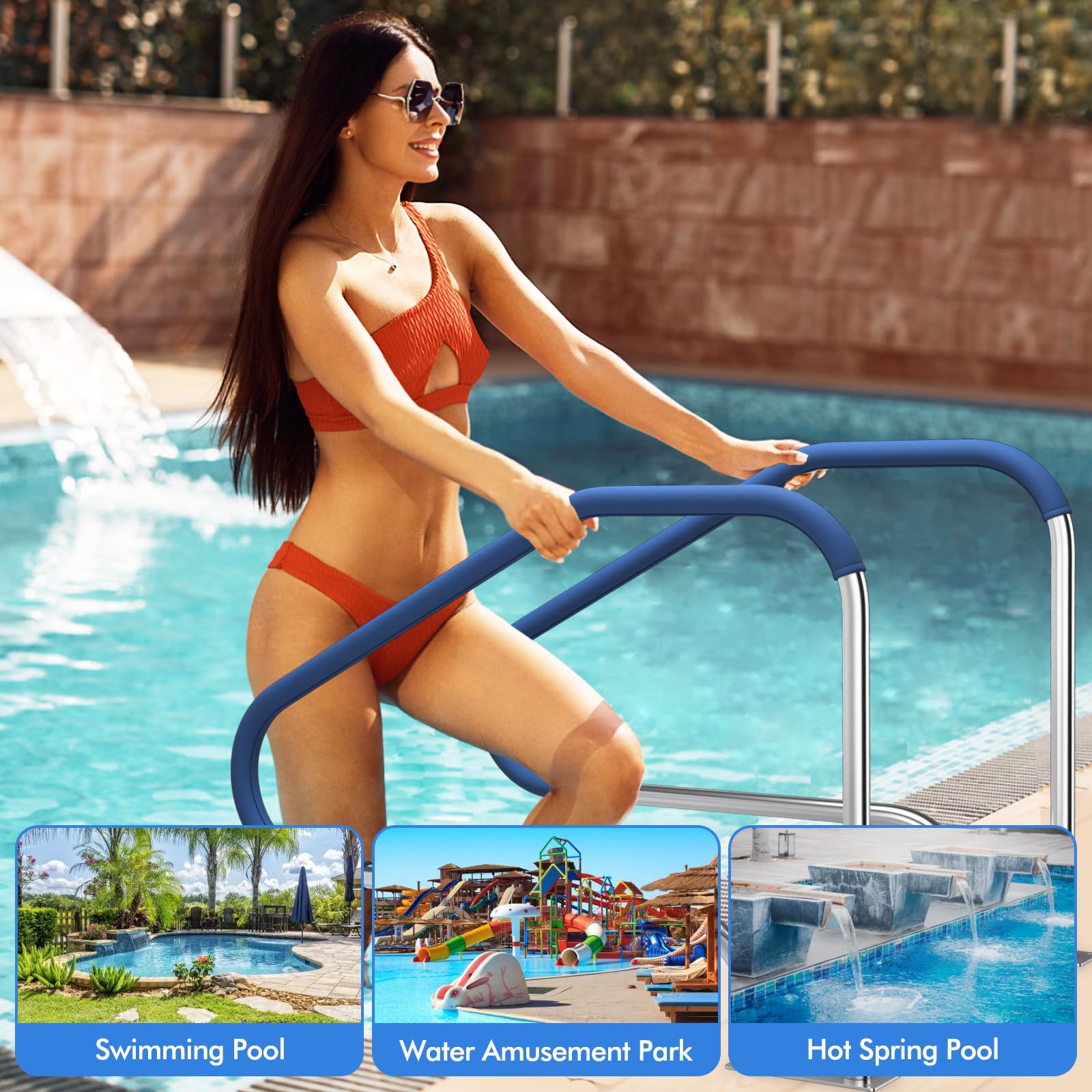 SAFSTAR 316 Stainless Steel Pool Handrail with Non-Slip Nylon Grip - 3-Bend Design for Easy Pool & Spa Access - Heavy Duty 550 lbs Capacity - Includes Mounting Base Plate & Accessories - Perfect for Swimming Pool Steps, Hot Tubs, and Aquatic Therapy Areas