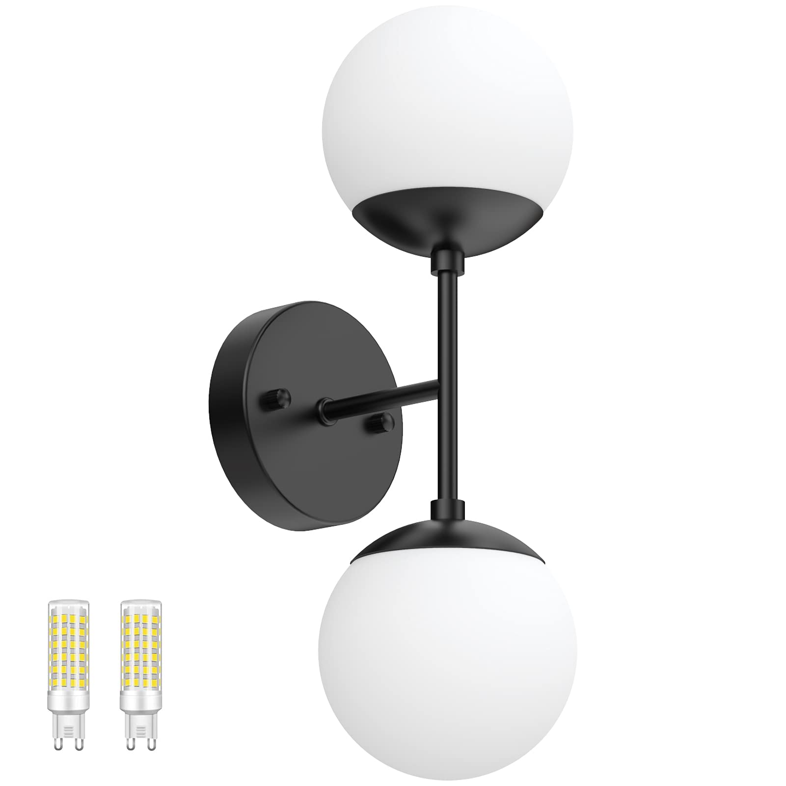 Tipace Black Wall Sconce 2 Lights - Modern Globe Wall Light Fixture with Included 6000K G9 Bulbs for Restaurant, Living Room, Bedside, Stairs & Bathroom Mirror Lighting - Perfect for Ambient, Task and Accent Lighting in Homes, Hotels and Commercial Spaces