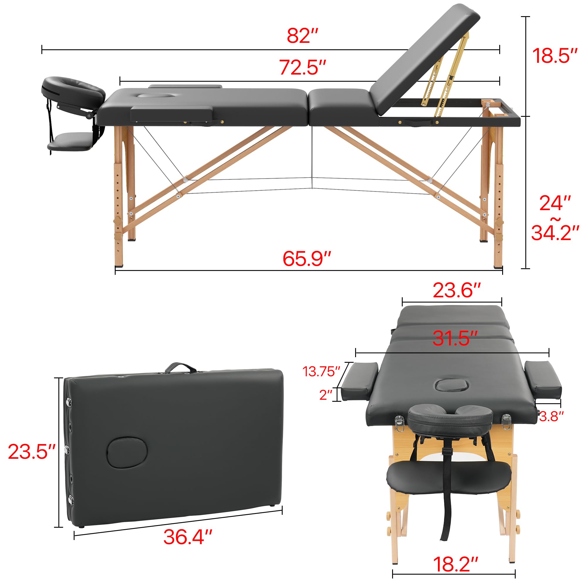 Portable 3-Section Foldable Massage Table - Adjustable Height Tattoo & Lash Spa Bed with Face Cradle - Lightweight Wood Frame Salon Bed for Home & Professional Use - Perfect for Massage Therapists, Tattoo Artists & Beauty Salons (Black)