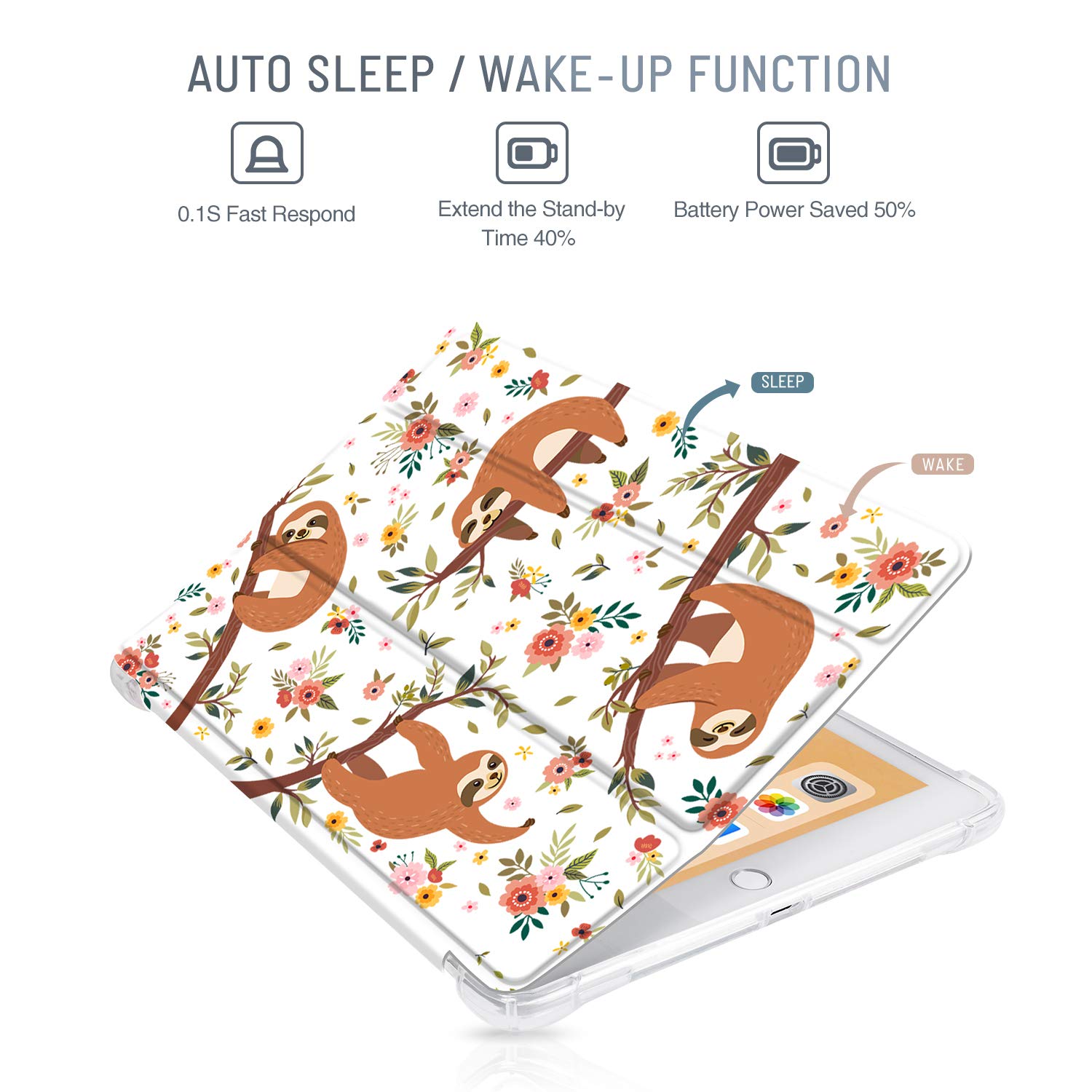 Premium PU Leather iPad Case for 9.7-inch iPad 6th/5th Gen & iPad Air 2 - Tri-fold Stand Cover with Auto Sleep/Wake (Floral Sloth Design) - Perfect for Work, Travel & Home Use