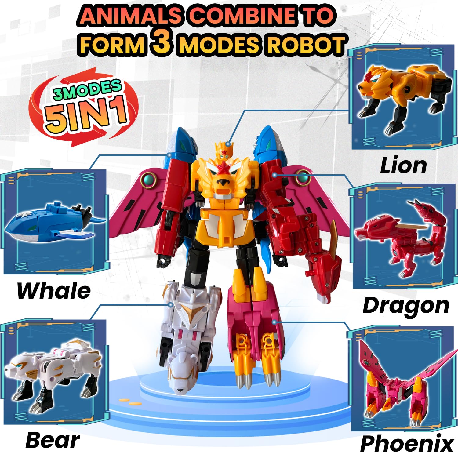 Wenbeier 5-in-1 Transformable Robot Toy Set - Large Animal Action Figures (Lion, Dragon, Whale, Phoenix, Bear) for Kids Ages 6-10 | STEM Learning Take-Apart Construction Toy | Perfect for Creative Play, Birthday Gifts & Collectibles (10 Inches)
