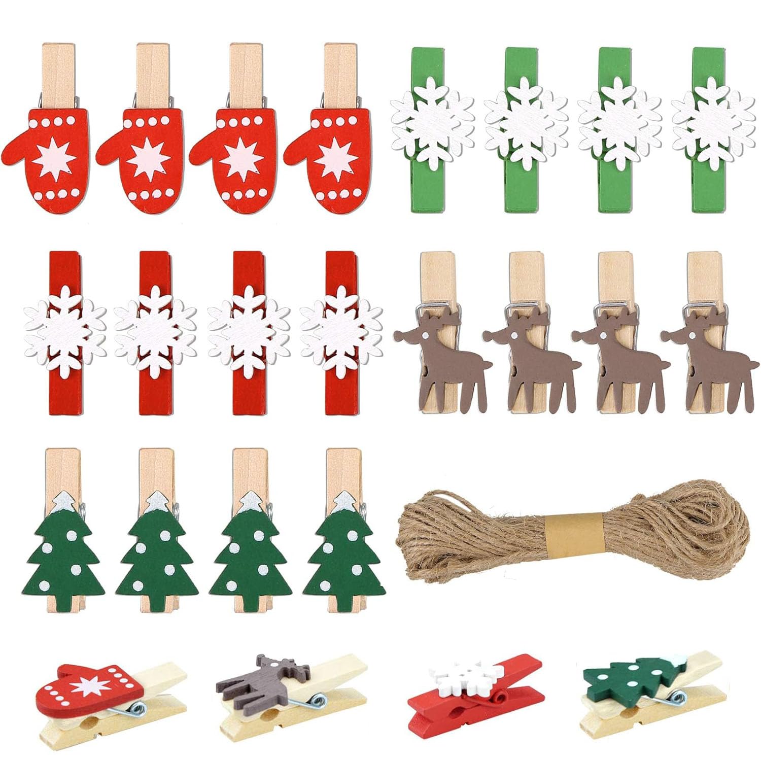 100pcs Christmas Wooden Photo Clips - Mini Clothespin Clips for Hanging Cards, Photos & Decorations - Includes 33 FT Hemp Rope - Perfect for Holiday Parties, DIY Crafts & Home Decor