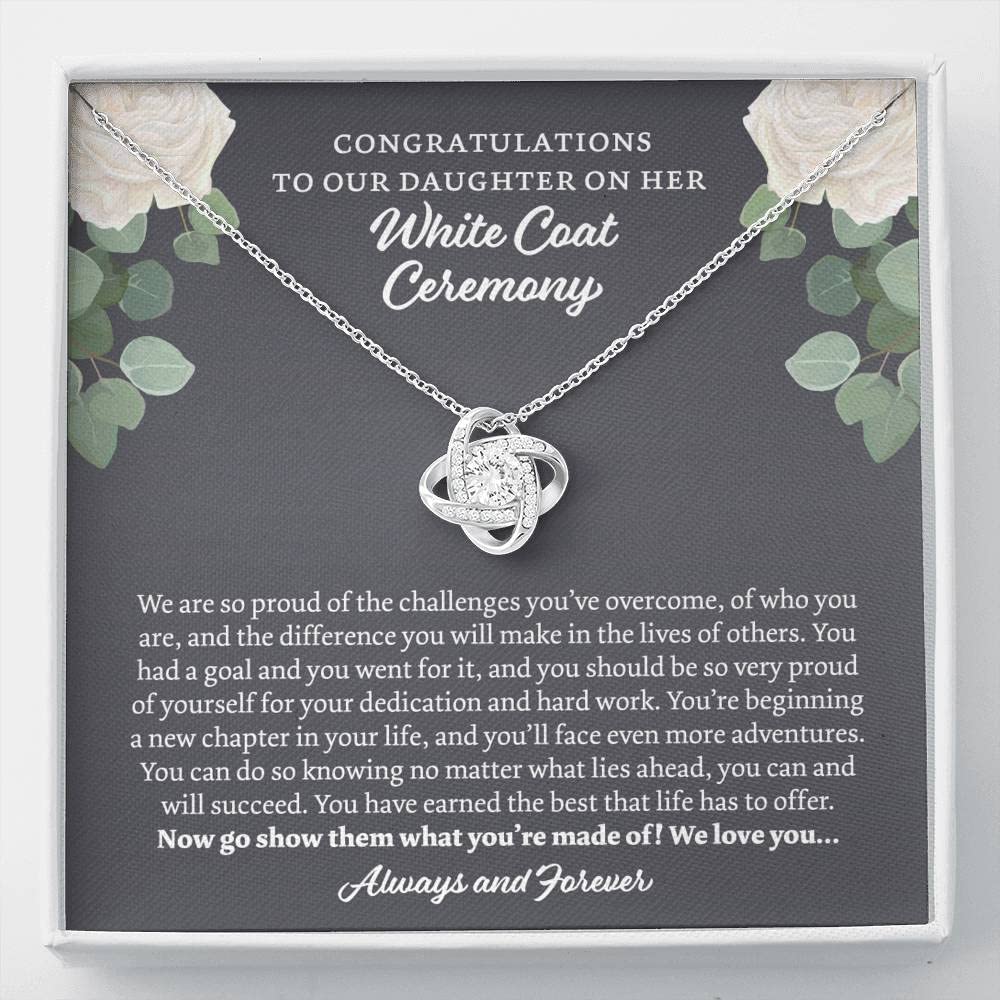 Personalized Love Knot Necklace for White Coat Ceremony - Heart Diamond Charm Pendant Gift from Parents to Daughter with Message Card & Jewelry Box | Perfect Medical School Graduation Gift & Anniversary Keepsake