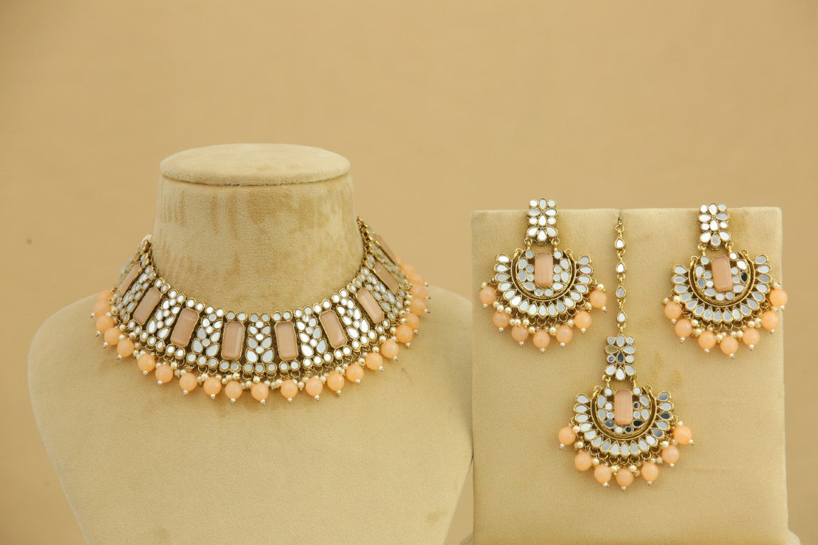 Rekha Mirror and Stone Jewelry Set - Elegant Necklace, Earrings & Bracelet for Women | Perfect for Weddings, Parties & Special Occasions
