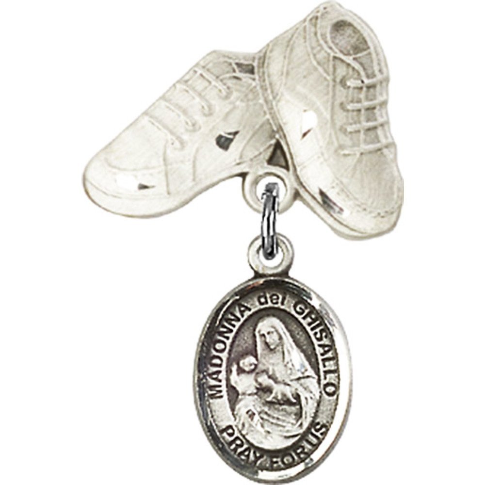 1 X 5/8 Inch Sterling Silver Baby Badge with St. Madonna Del Ghisallo Charm & Baby Boots Pin - Perfect for Christenings, Baptisms & Newborn Gifts