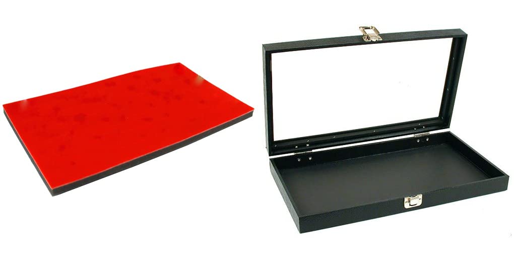 FindingKing Black Glass Top Jewelry Box with Single Metal Latch - 1 Tray Insert & 72-Slot Red Ring Display Foam Pad | Perfect for Jewelry Storage, Display, and Travel Organization