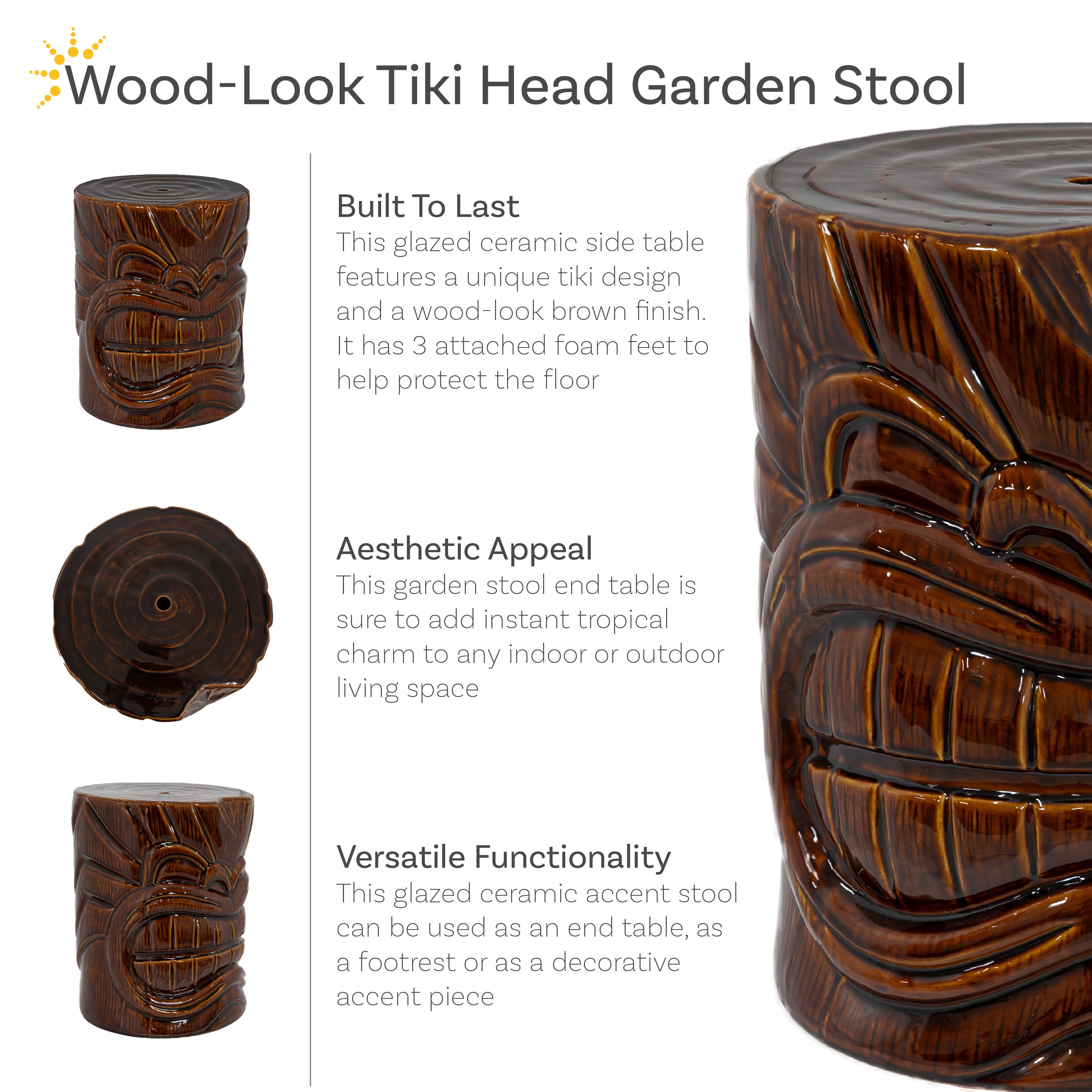 Sunnydaze Tiki Head Ceramic Garden Stool & Side Table - 17 Inch Outdoor Patio Decor for Poolside, Porch, or Backyard Seating
