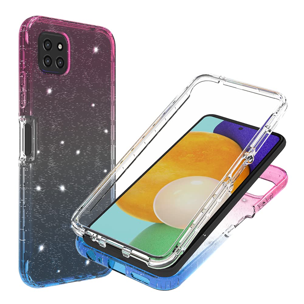 Samsung Galaxy A22 5G Phone Case with Built-in Screen Protector - Shockproof Hybrid Clear TPU Bumper Cover | Heavy Duty Protection | Glitter Pink & Blue Design | Perfect for Outdoor Activities, Travel & Daily Use