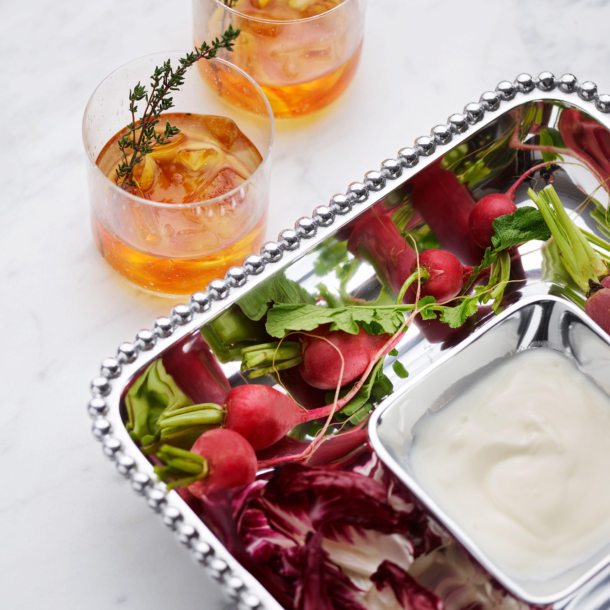 MARIPOSA Pearled Square Divided Chip & Dip Plates - Elegant Silver Serving Dishes for Parties, Entertaining, and Home Decor - Set of 12