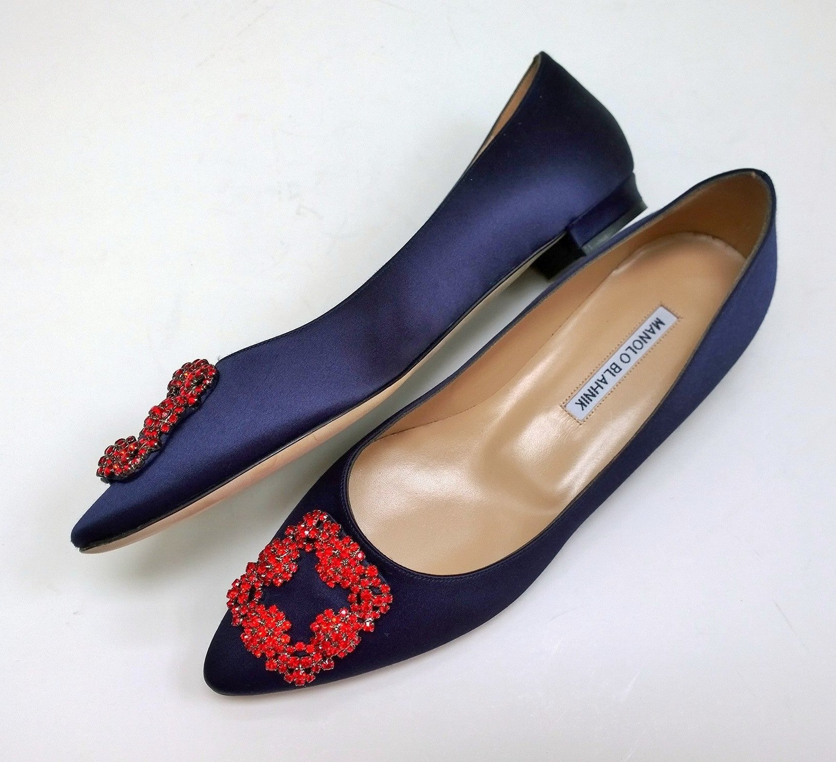 Manolo Blahnik Hangisi Flats - Navy Blue Satin Pumps with Red Rhinestone Buckle & Strass Details | Elegant Women's Dress Shoes for Weddings, Parties & Special Occasions