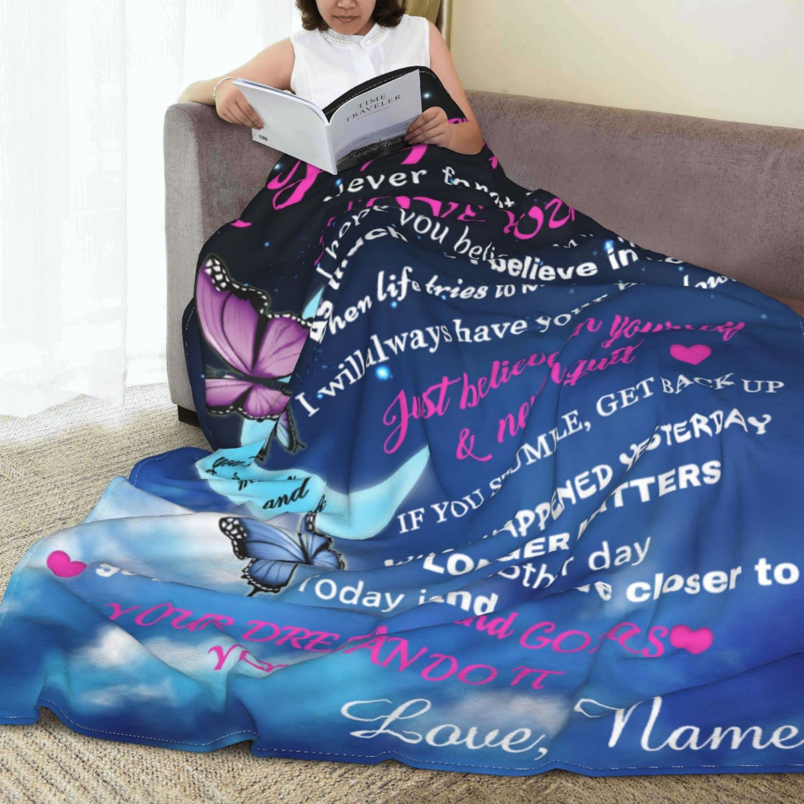 Personalized Custom Name Blanket - Love Letter to My Daughter from Dad & Mom - Butterfly Moon Design - 60x80 Inch Soft Fleece Throw Blanket - Perfect for Bed, Couch, Nursery & Gift Giving