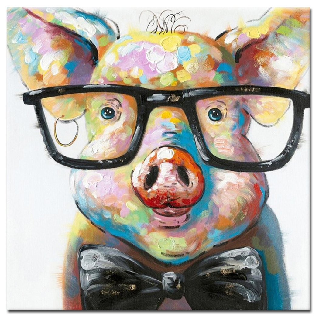 Fokenzary Hand Painted Cute Pig with Glasses Pop Art Canvas Painting - Framed Wall Decor Ready to Hang - Perfect for Nursery, Kids Room & Modern Home Decor