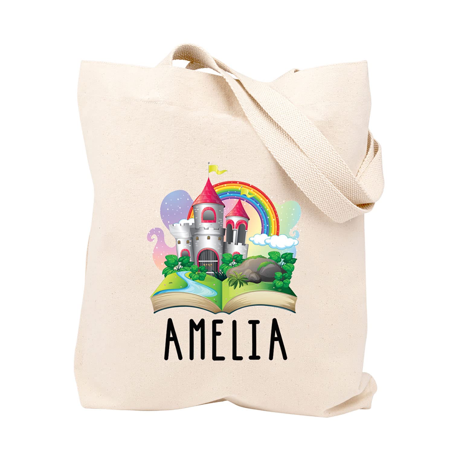 Personalized Fairytale Canvas Tote Bag for Girls - Custom Name Kids Book Bag, Reusable School & Beach Tote - Princess Themed Shopping Bag - Perfect Birthday Gift for Girls (1-Pack) - Ideal for School, Beach Trips & Birthday Parties