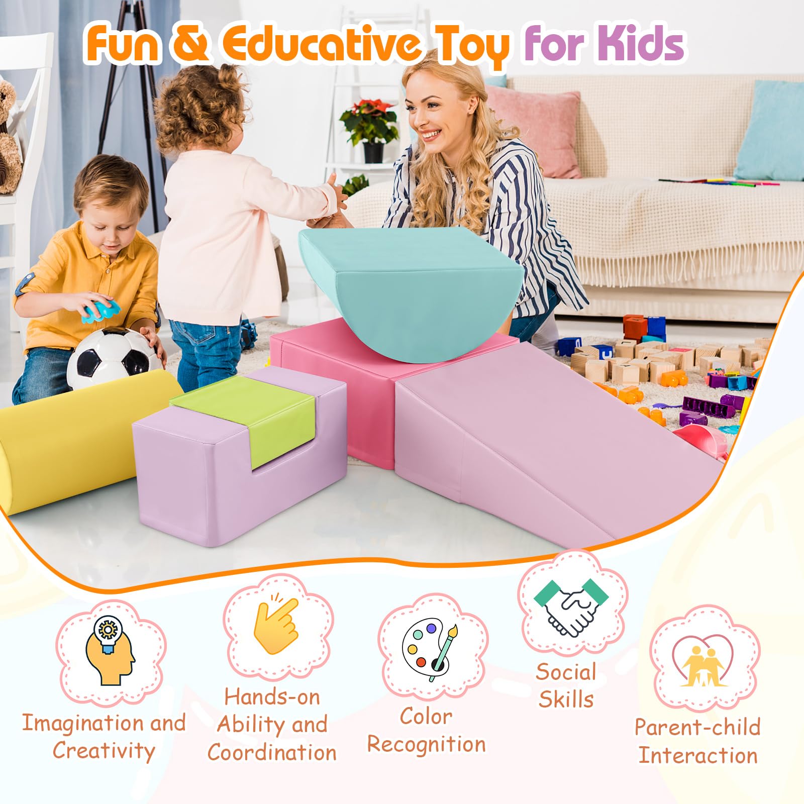 KOTEK 6-Piece Soft Foam Climbing and Crawling Play Set for Toddlers - Safe Indoor Playground Blocks for Climbing, Sliding & Active Play - Perfect for Home, Daycare & Preschool (Pink)