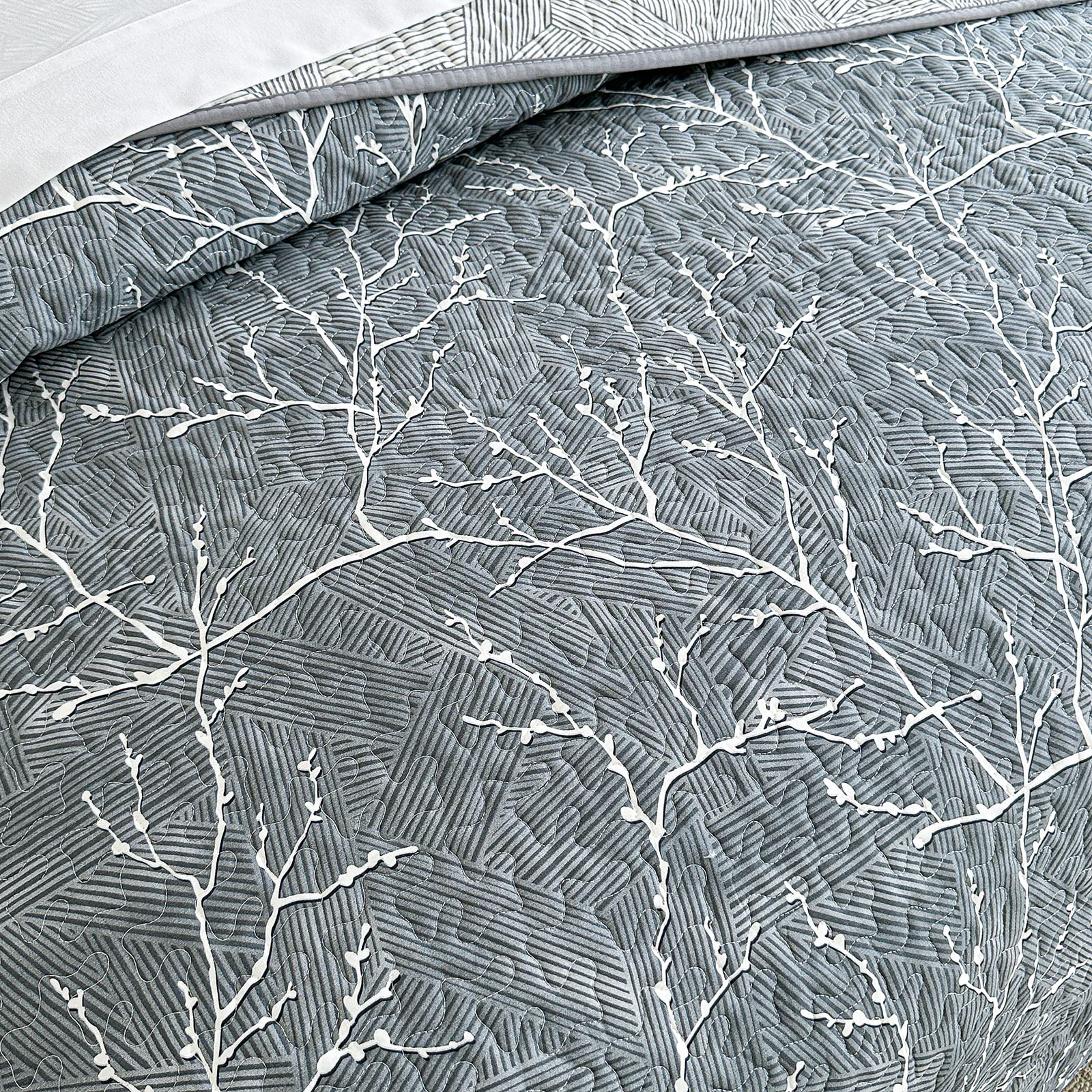 Soft Reversible 2-Piece Gray Cotton Quilt Set with White Branch Design - Twin Size Bedspread & 2 Pillow Shams | Cozy Bedroom Decor for Guest Rooms, Dorms & Modern Homes