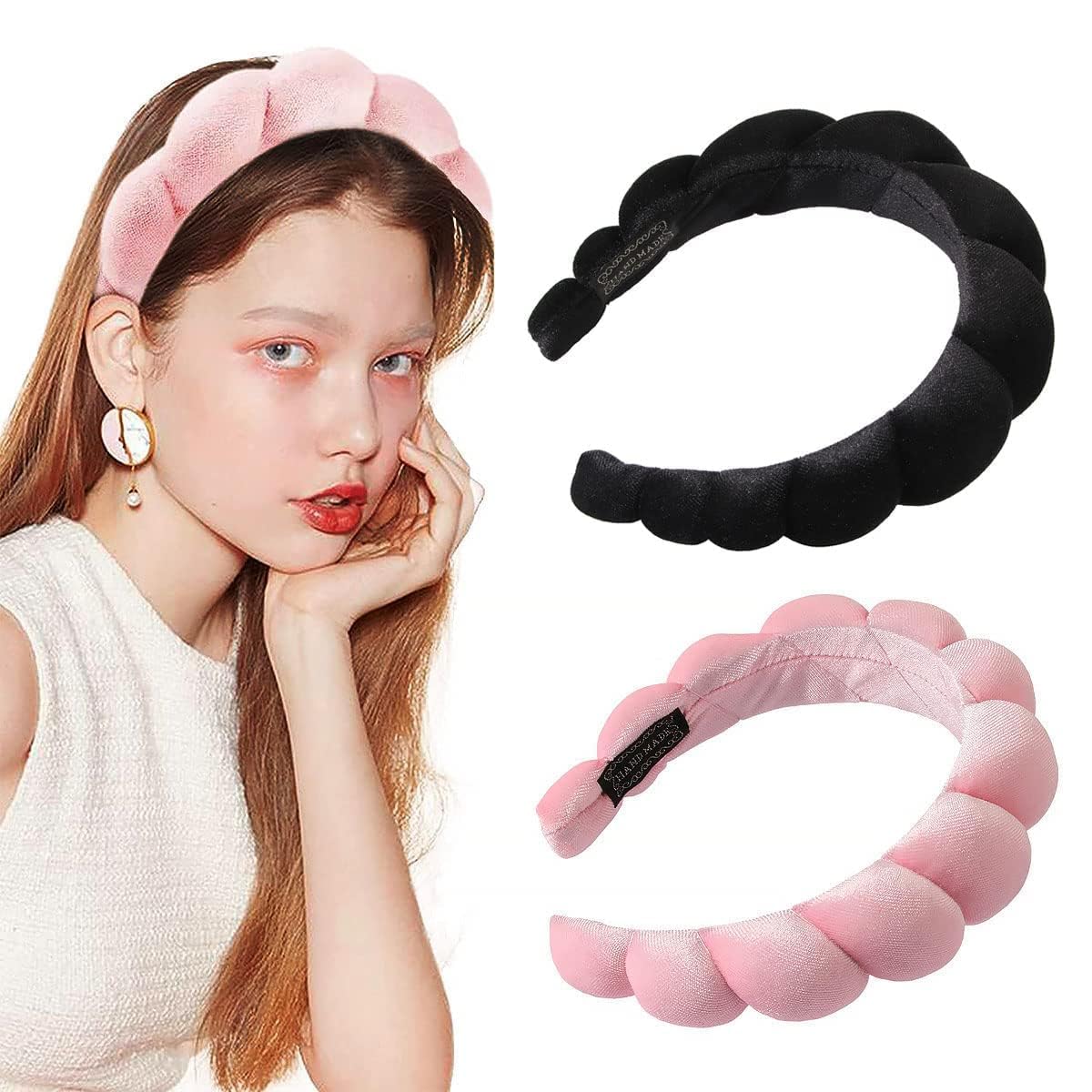 2 Pack Soft Puffy Makeup Headbands for Women & Girls - Non-Slip Spa Hair Bands for Face Washing, Skincare, Yoga & Relaxation (Black & Pink) - Perfect for Home Spa Days, Beauty Routines & Self-Care Sessions