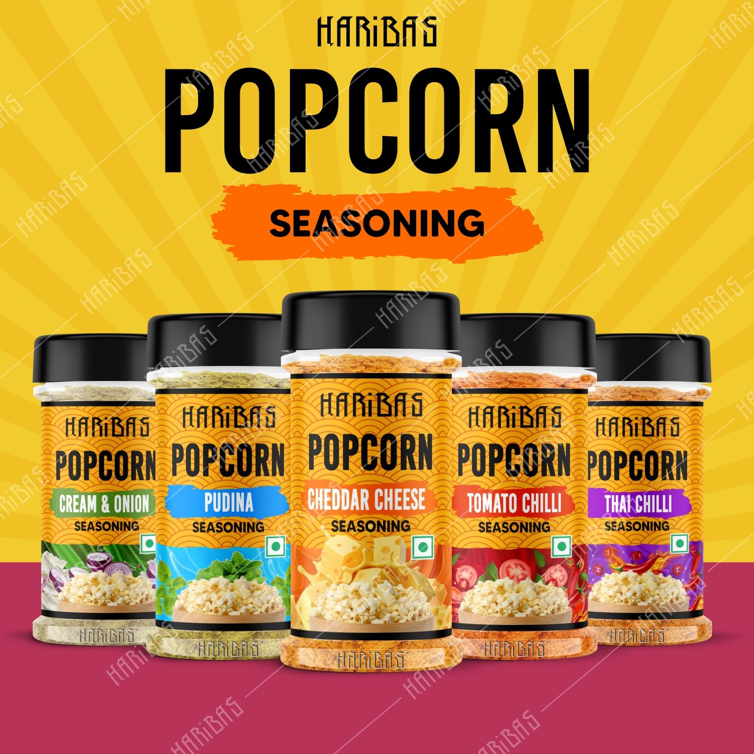 HARIBAS 5-Pack Popcorn Seasoning Powder Variety Set - Cheddar Cheese, Cream Butter & Onion, Tomato Chili, Thai, Pudina (50g Each) | Sprinkle on Popcorn, Nachos, French Fries, Maggie Noodles | Perfect for Movie Nights, Parties & Snack Time