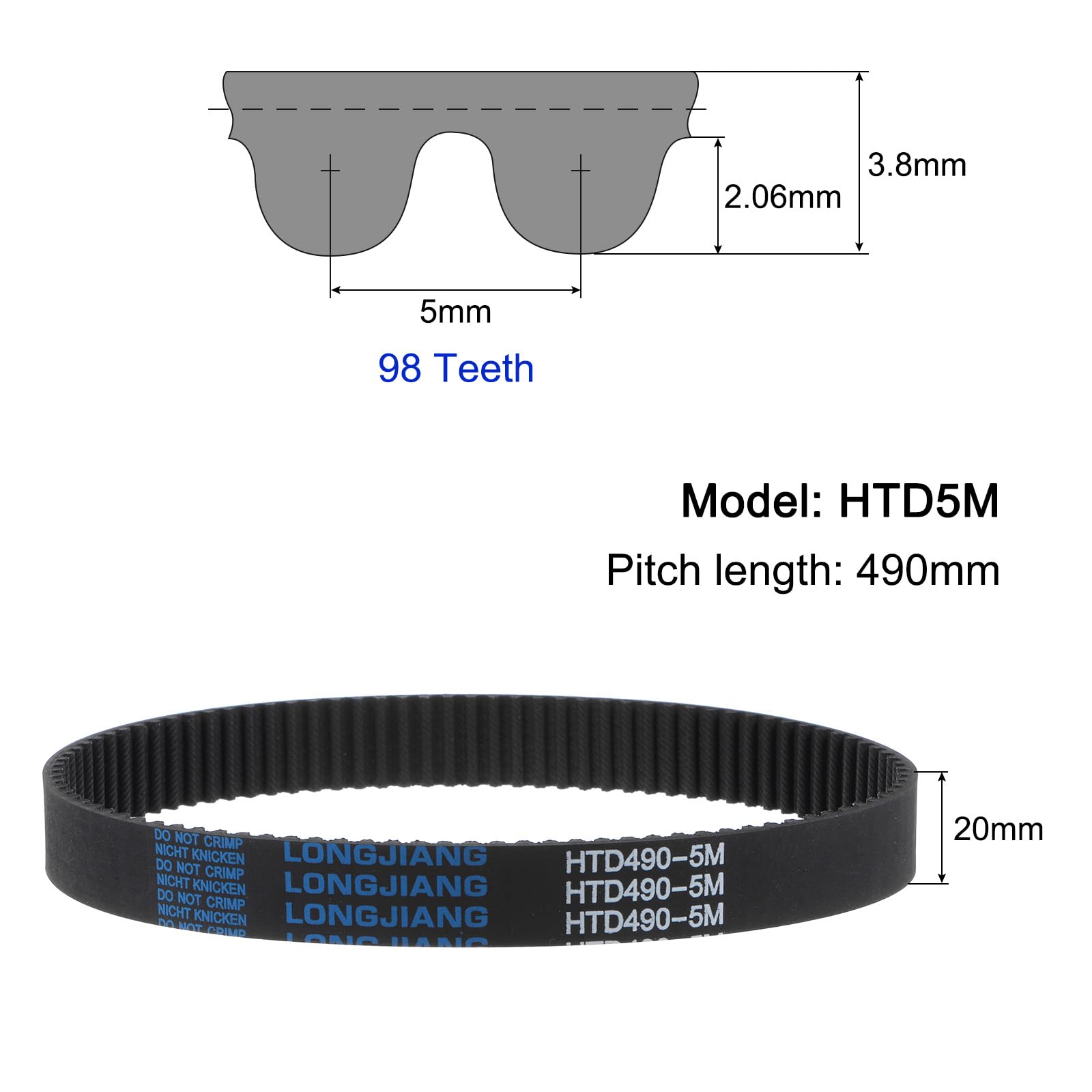 HTD5M-490 Rubber Timing Belt 98 Teeth 20mm Width 490mm Pitch Length Synchronous Drive Belt for 3D Printers, CNC Machines & Industrial Equipment