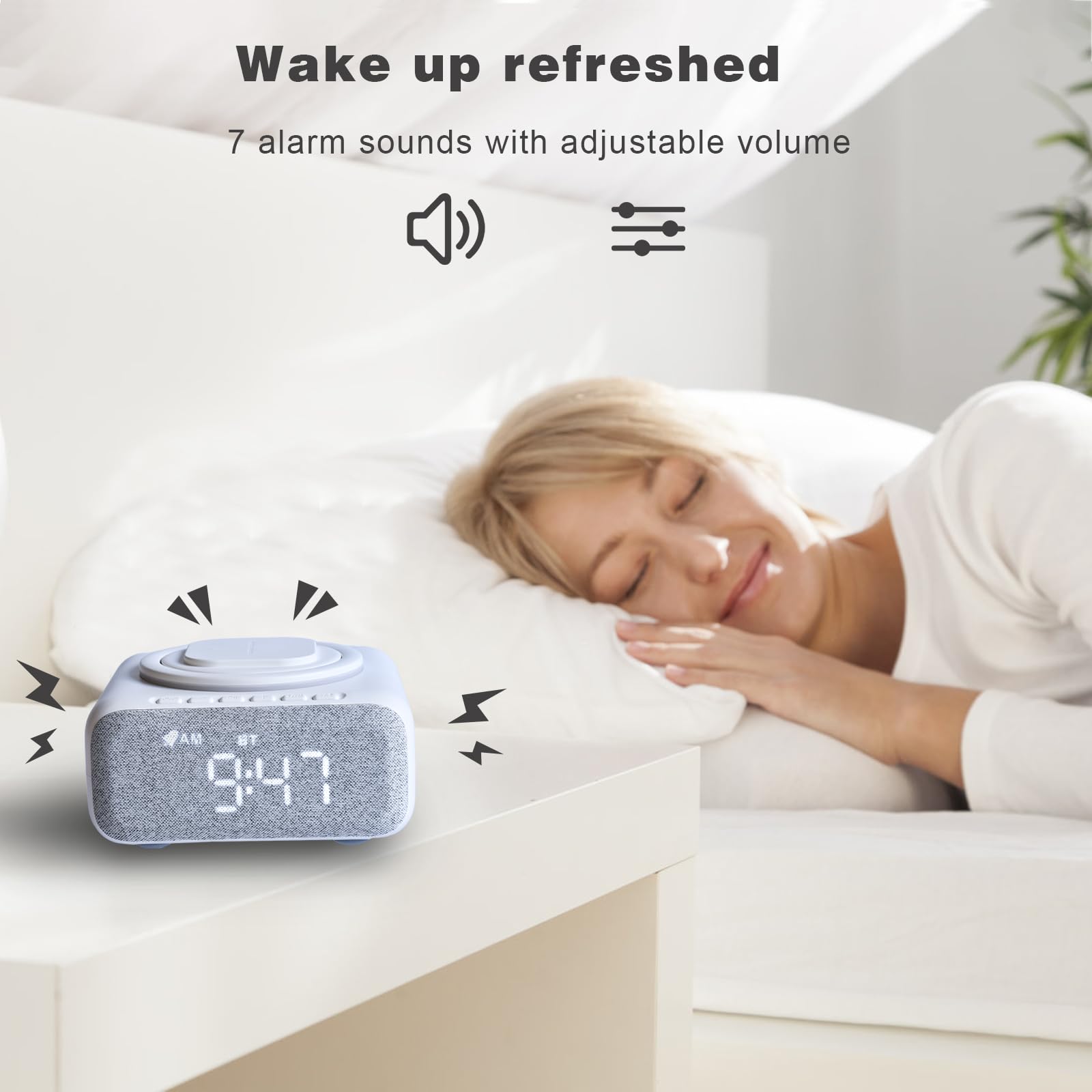 Wireless Charging Alarm Clock Radio with Bluetooth Speaker, White Noise Machine for Sleeping - 12 Soothing Sounds, FM Radio, Adjustable LED Night Light & Phone Stand for Bedroom, Home, Office | Perfect for Nighttime Relaxation, Sleep Aid and Desk Organization