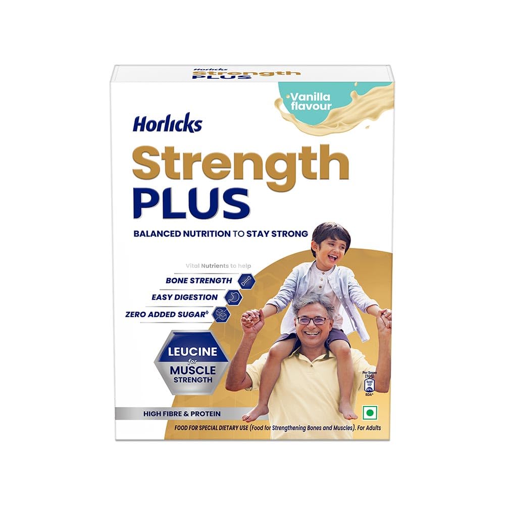Horlicks Strength Plus Vanilla Powder - High Protein & Fiber Nutritional Supplement for Energy & Recovery, 350g (1 Count) - Ideal for Post-Workout, Illness Recovery & Daily Wellness Boost