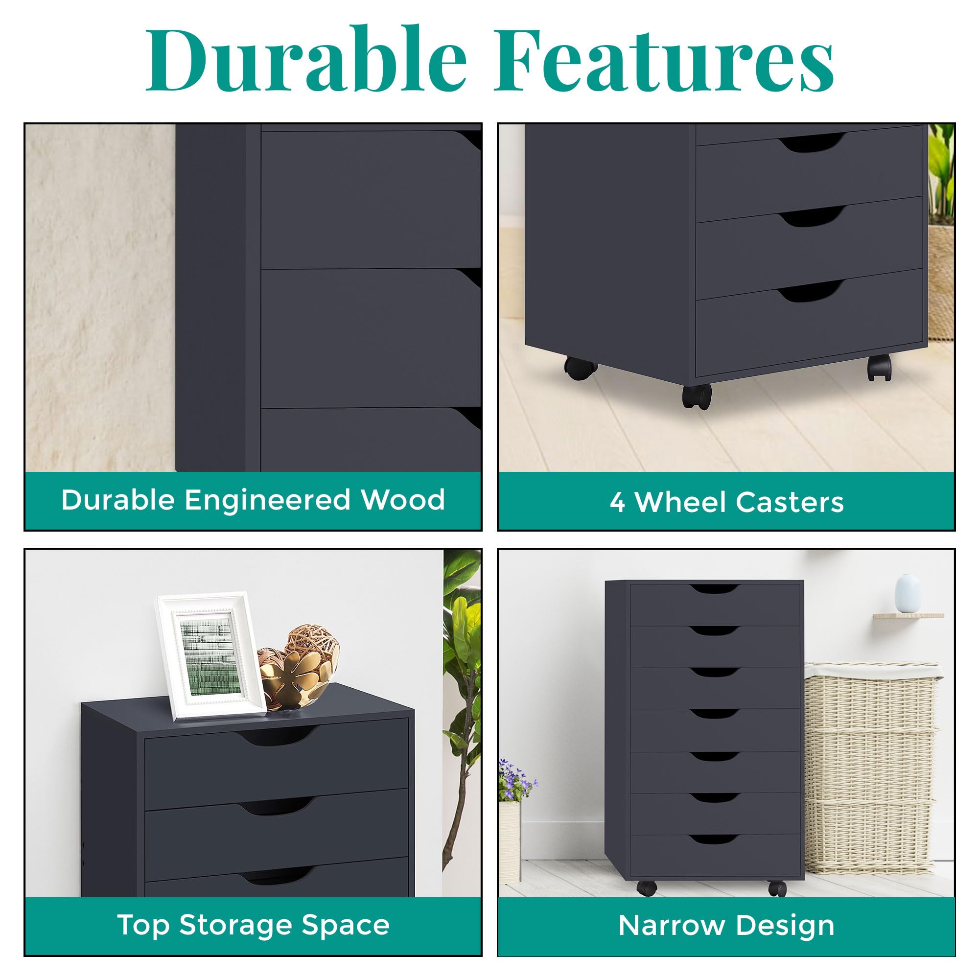 Naomi Home Debbie 7-Drawer Rolling Storage Cabinet - Black | Versatile Organizer for Crafts, Office Files & Home Storage | Mobile Chest for Bedroom, Living Room & Workspace