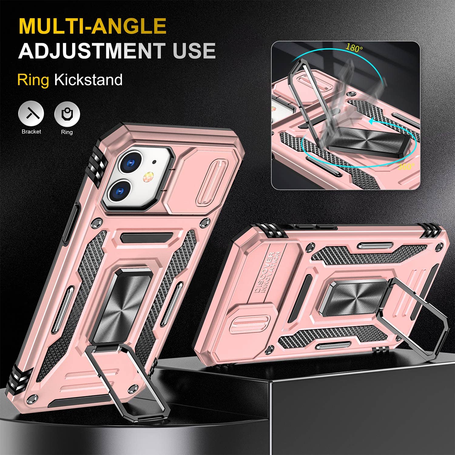 Premium Magnetic Phone Case for iPhone 12/12 Pro - Rose Gold with Camera Cover, Ring Holder Kickstand & Car Mount | Slim Protective Cover for Work, Travel & Everyday Use