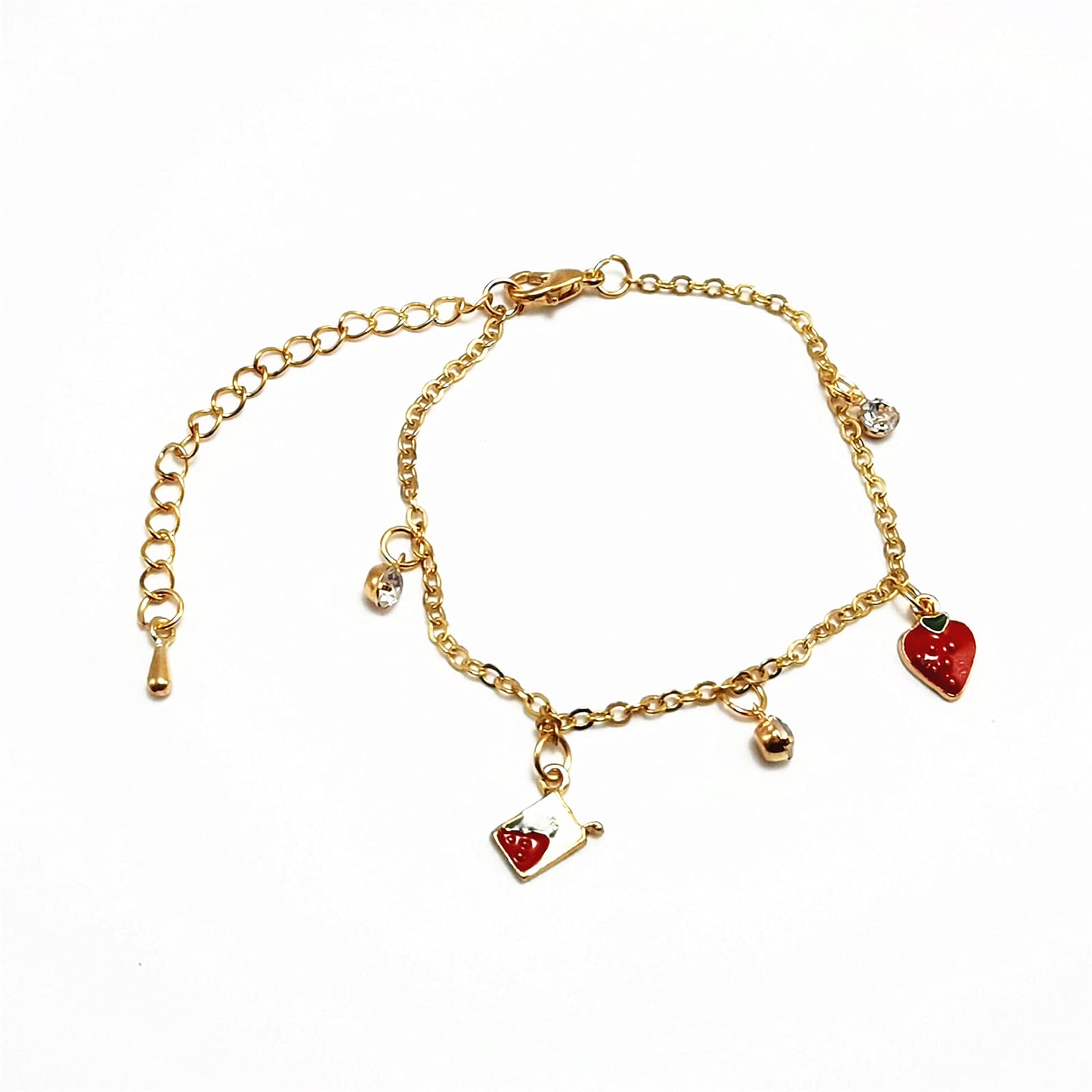 Cute Fruit Bracelets for Women - Gold Plated Strawberry & Cherry Charm Tassel Bracelet with Green Leaves - Trendy Food Chain Jewelry for Casual Wear, Summer Outfits & Gift Giving