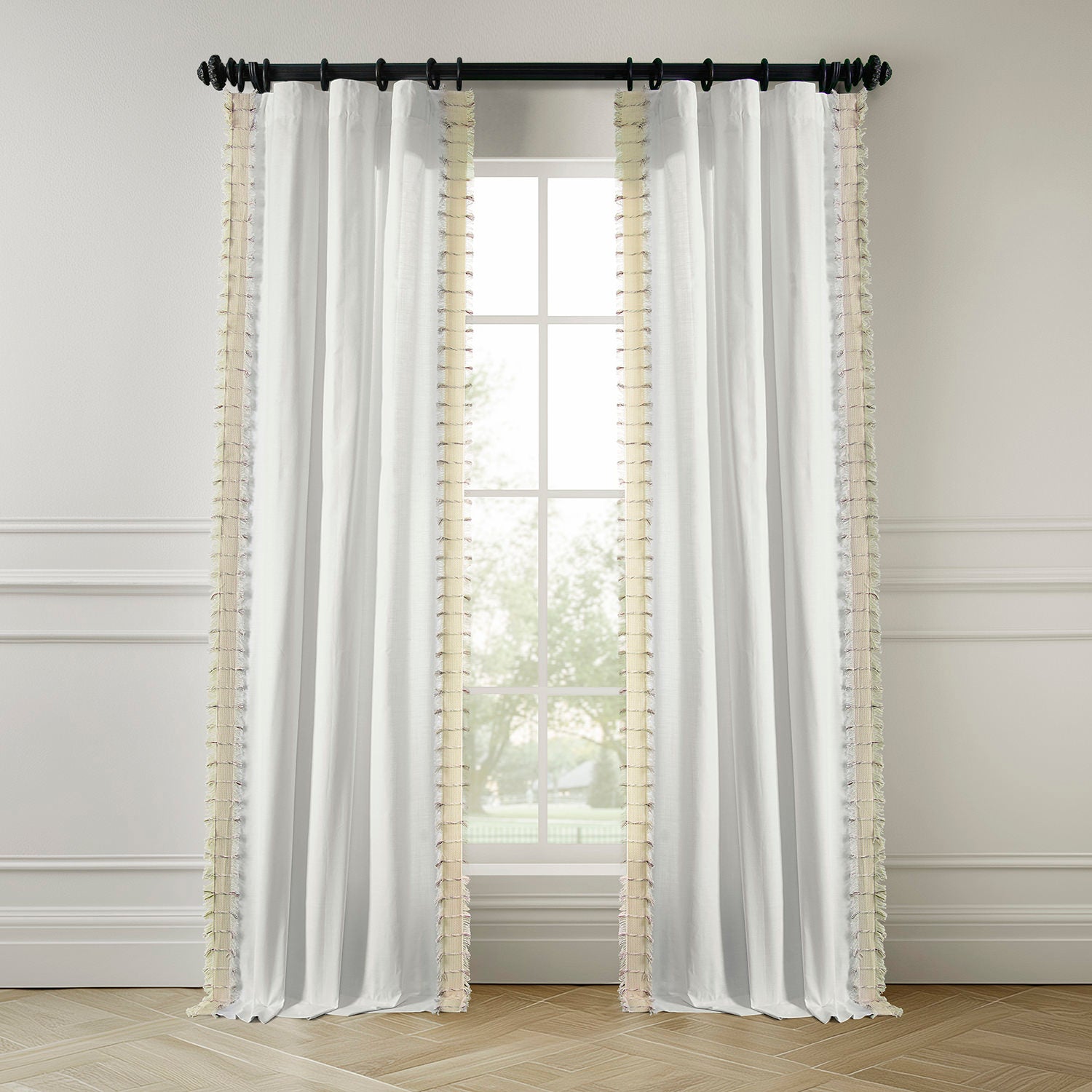 Melford White Bordered Modern Hampton Textured Cotton Light Filtering Curtains for Living Room & Bedroom - Soft Sheer Window Drapes with Elegant Border for Coastal & Farmhouse Decor