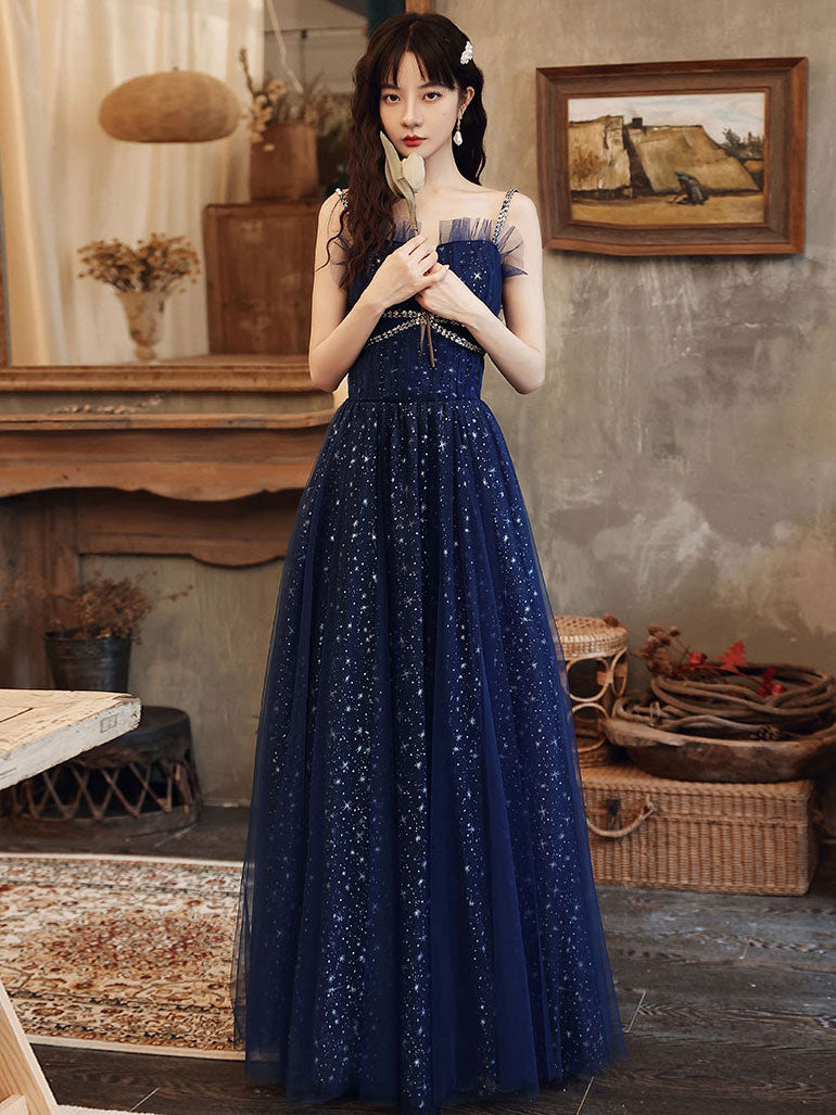 Elegant Blue Tulle A-Line Sequin Long Prom Dress for Formal Events - Perfect for Homecoming, Quinceañera & Evening Galas