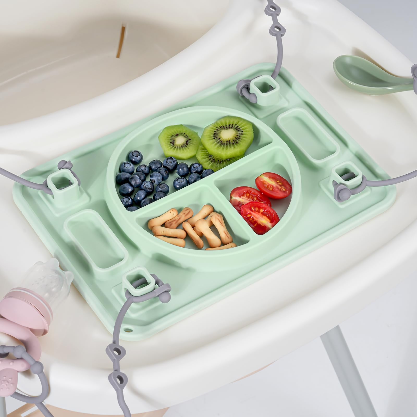 Premium Platinum Food-Grade Silicone Baby Plates with Strong Suction - 4 Toy Straps for Securing Essentials | Toddler Self-Feeding & Baby-Led Weaning | Dishwasher Safe Placemat for Highchair, Dining Table & Travel (Green)