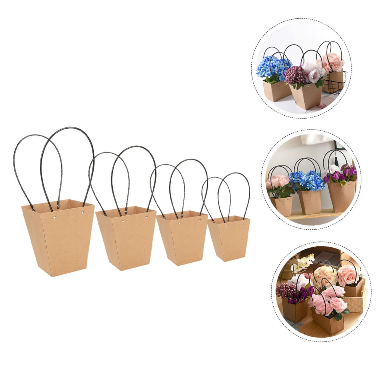 20 Pack Brown Kraft Paper Flower Bags with Handles - Eco-Friendly Bouquet Gift Bags for Weddings, Baby Showers & Party Favors - Portable Bulk Flower Packaging
