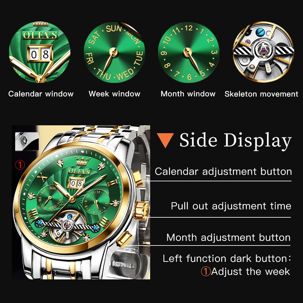 OLEVS Men's Automatic Self-Winding Mechanical Skeleton Tourbillon Watch with Diamond Accents - Luxury Business Dress Watch with Date Display, Waterproof & Luminous - Perfect for Formal Events, Office Wear & Special Occasions