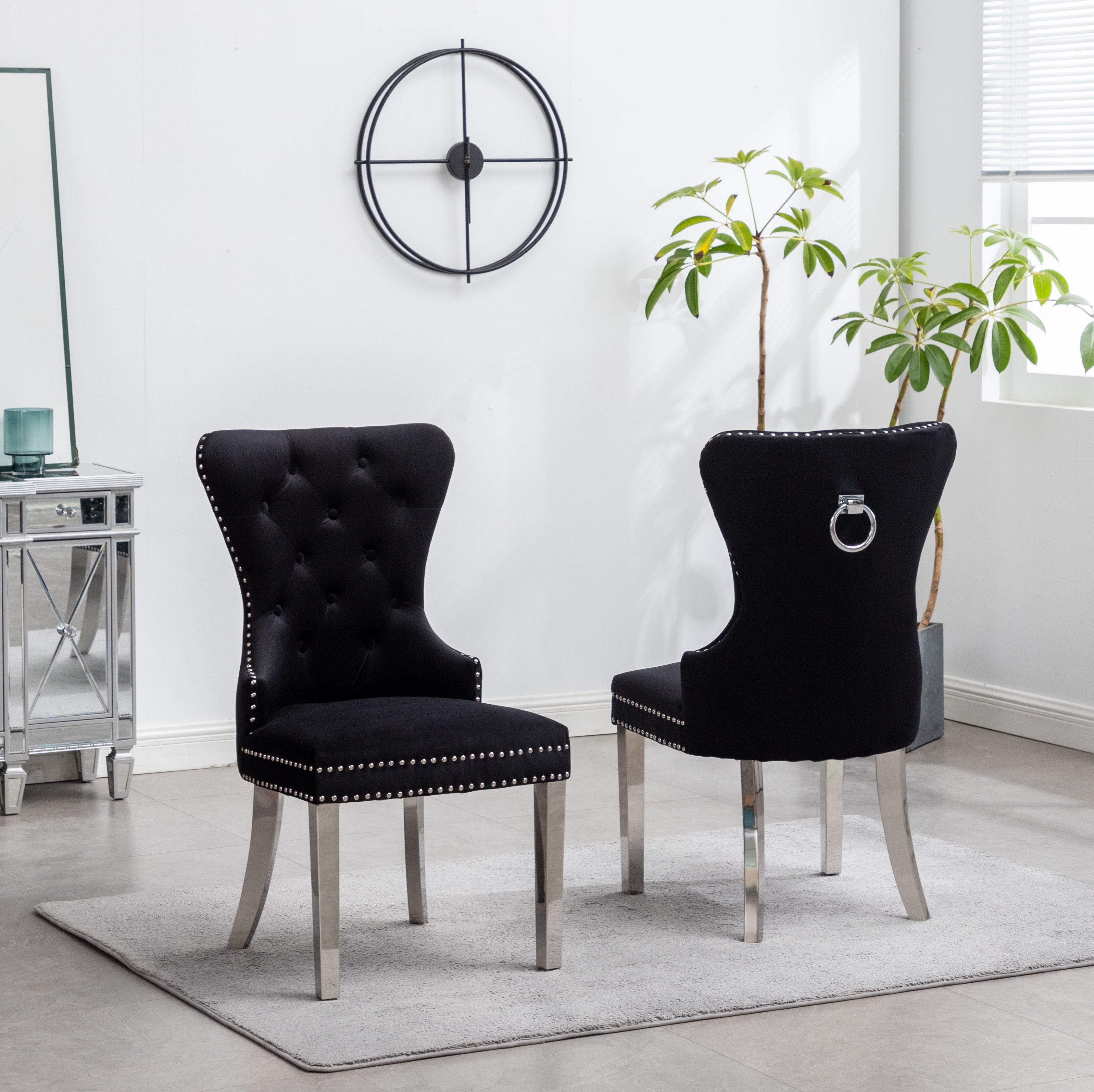 Roundhill Furniture Montura Contemporary Tufted Velvet Accent Chairs with Nailhead Trim - Set of 2, Black - Perfect for Living Room, Bedroom, or Office Decor