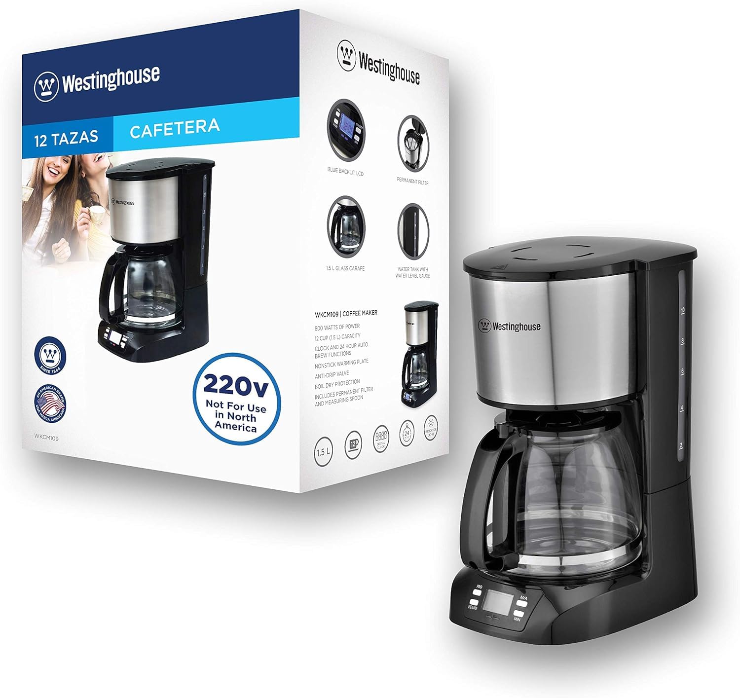 Westinghouse 220V Coffee Maker - 10-12 Cup Capacity with Permanent Filter, Hot Plate & Programmable Timer - Ideal for European/International Use - Perfect for Home, Office or Restaurant Coffee Brewing