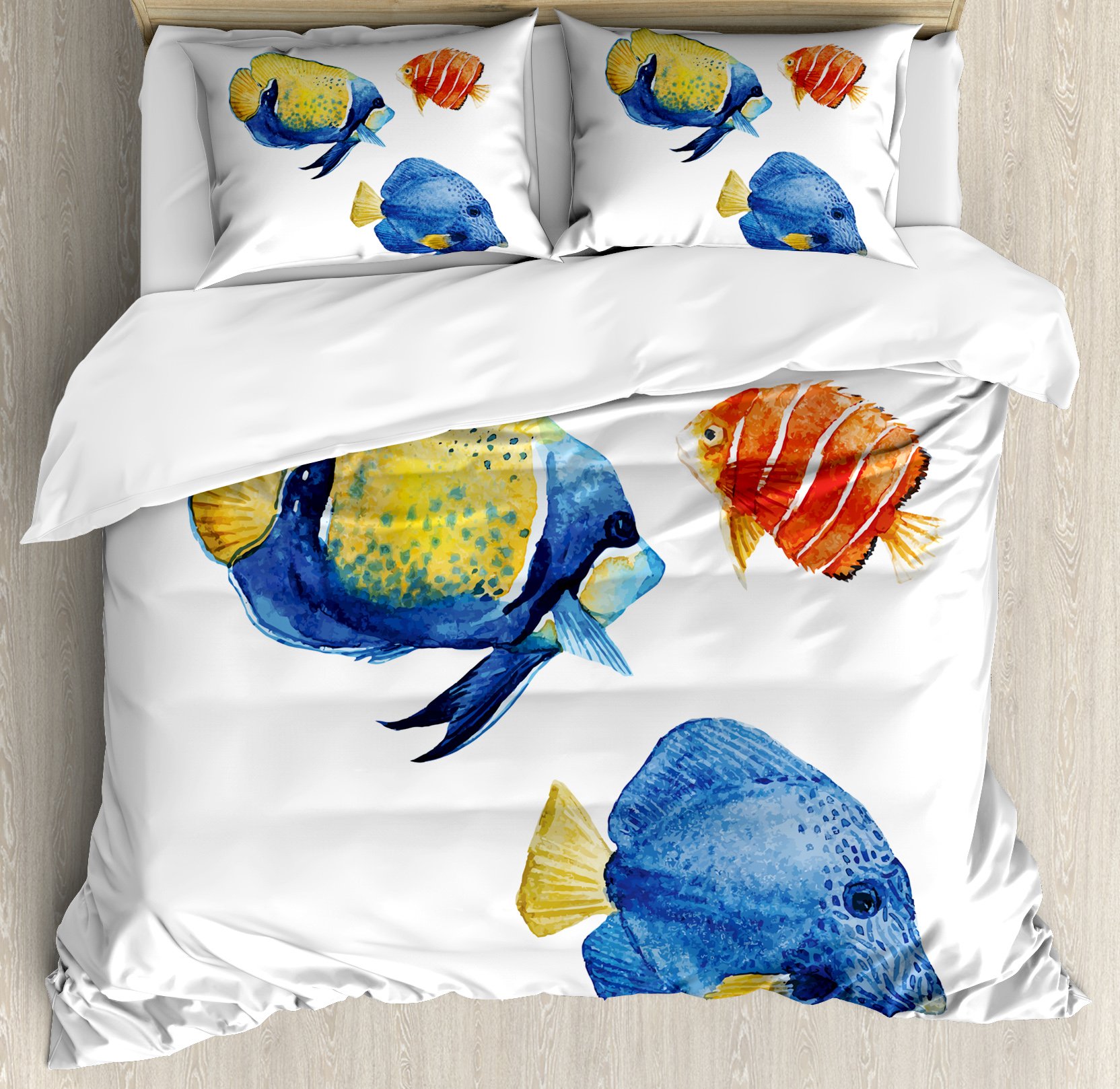 Ambesonne Tropical Fish Duvet Cover Set - Queen Size 3 Piece Bedding with 2 Pillow Shams, Blue and Scarlet Aquarium Print Featuring Discus & Goldfish Patterns | Perfect for Beach House, Kids Room or Ocean-Themed Bedroom Decor