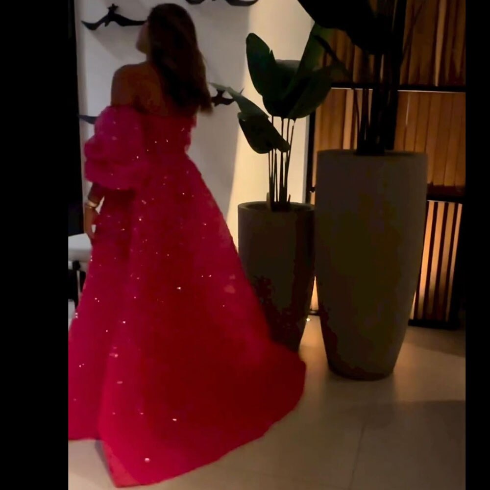 Elegant Fuchsia A-Line Evening Dress with Sparkly Puff Sleeves & Crystal Beads - Women's Party Gown for Prom, Wedding Guest, or Special Occasions