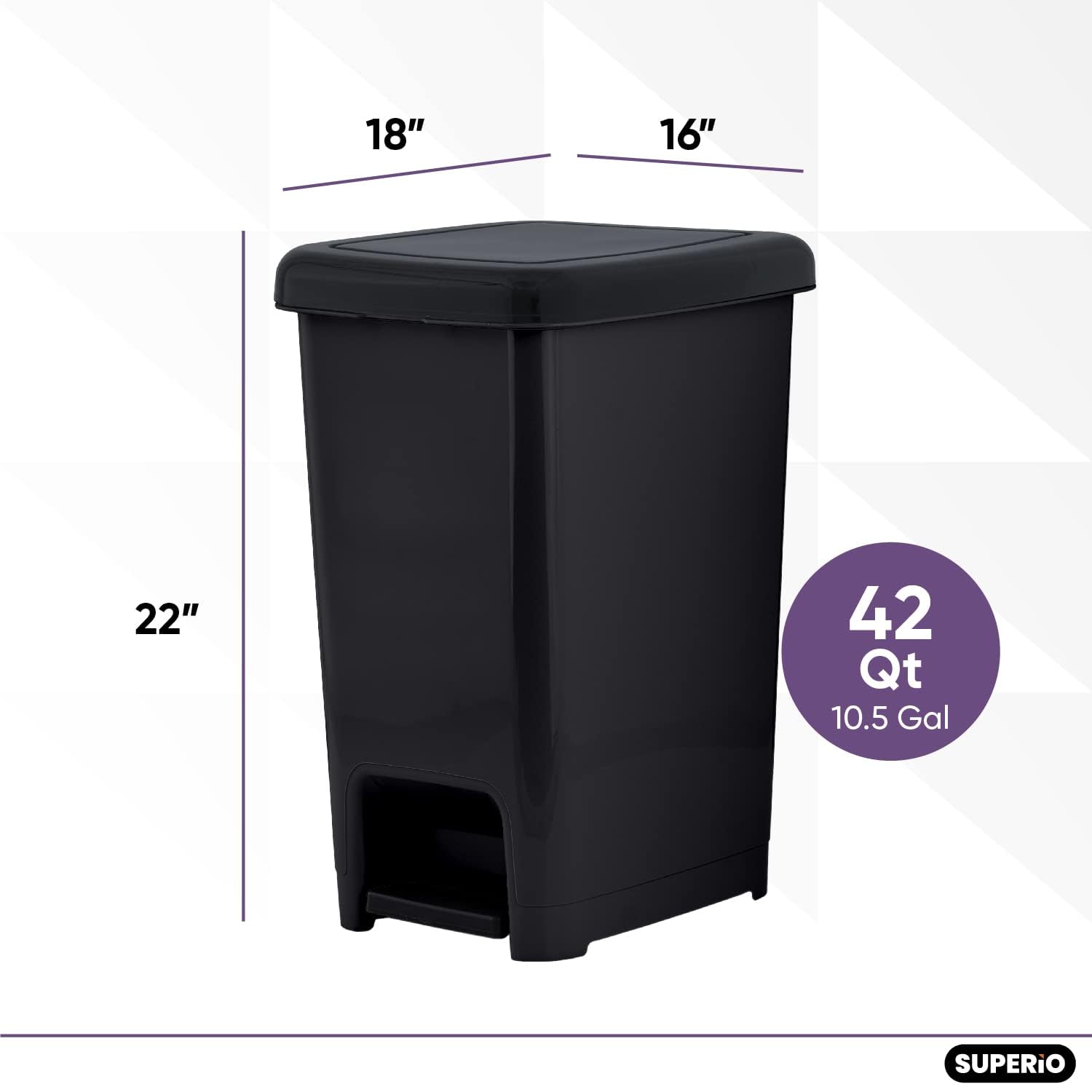 Superio 10.5 Gallon Slim Step-On Trash Can with Lid - Black Plastic Garbage Bin for Kitchen, Bathroom, Office & Outdoor Use - Hands-Free Foot Pedal Design for Convenient Disposal