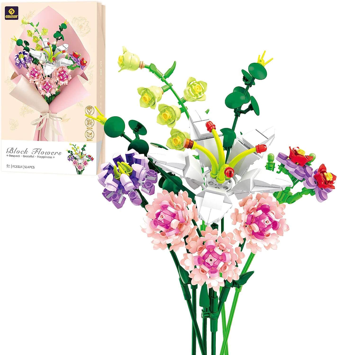 GEVINST 514-Piece Carnation Flower Building Toys with LED Lights - DIY Bouquet Gift Set for Mother's Day, Valentine's, Anniversary & Romantic Occasions - Unique STEM Educational Toy for Girls & Adults