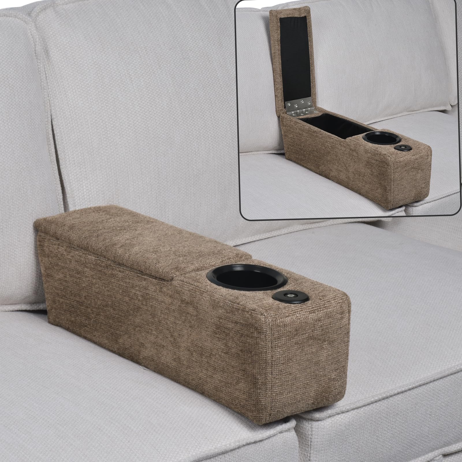 Multifunctional Sofa Armrest with Cup Holder & Storage - Removable Couch Caddy with LED Reading Light & Wireless Charger - Brown - Perfect for Living Room, Bedroom, Home Theater & Office Use