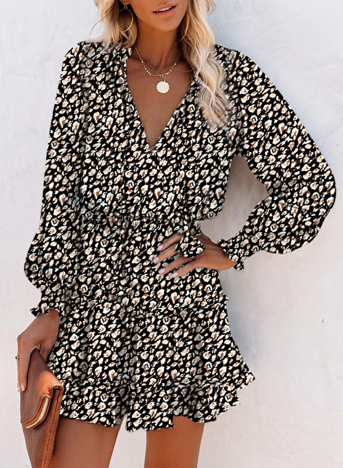 Dokotoo 2025 Spring Boho Floral Print Chiffon Mini Dress with V-Neck, Drawstring Waist, Smocked Long Sleeves & Tiered Ruffles - Perfect for Casual Outings, Beach Vacations and Spring Parties