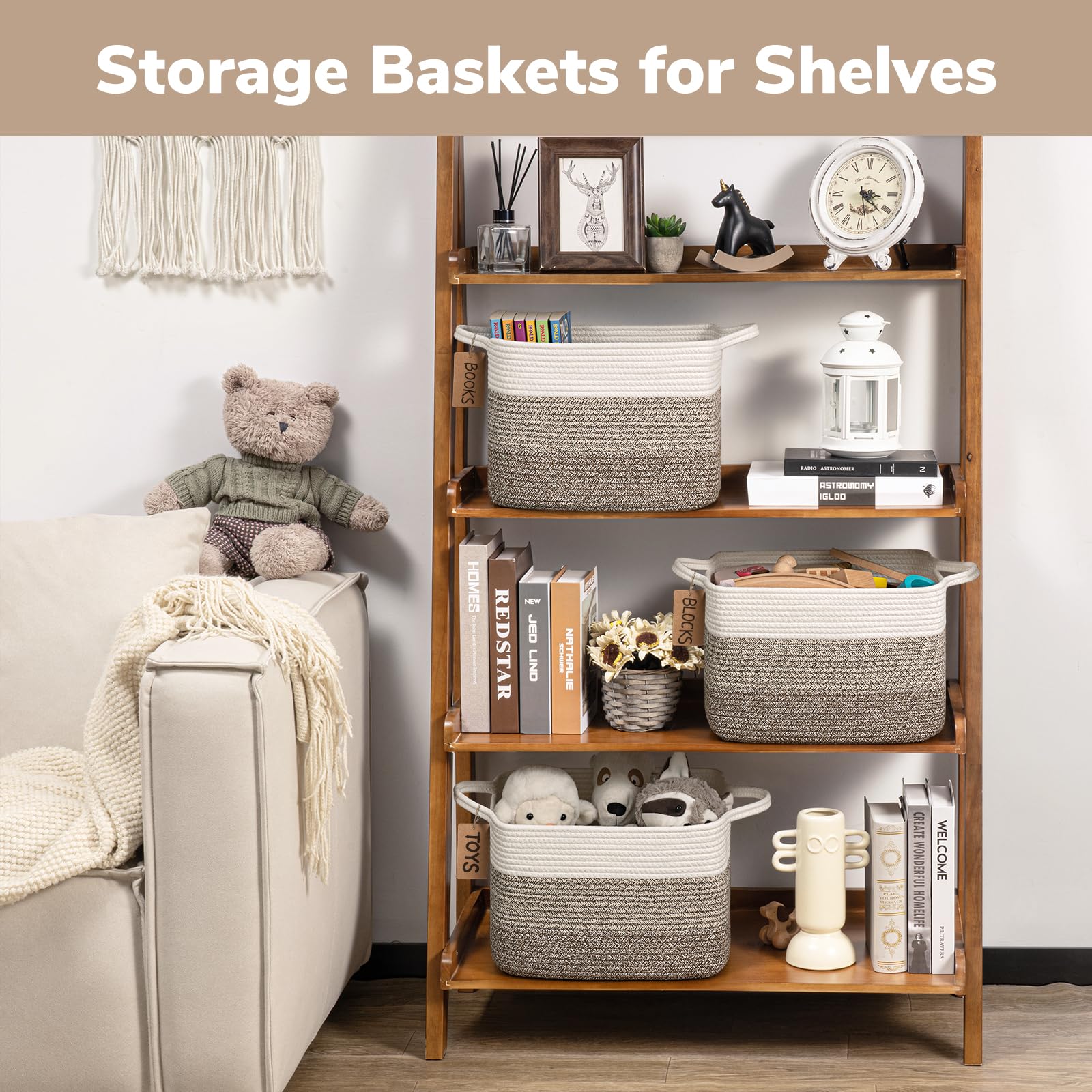 Goodpick Woven Storage Baskets 3-Pack - Nursery, Toy & Home Organizer - White & Brown, 13x10x9in