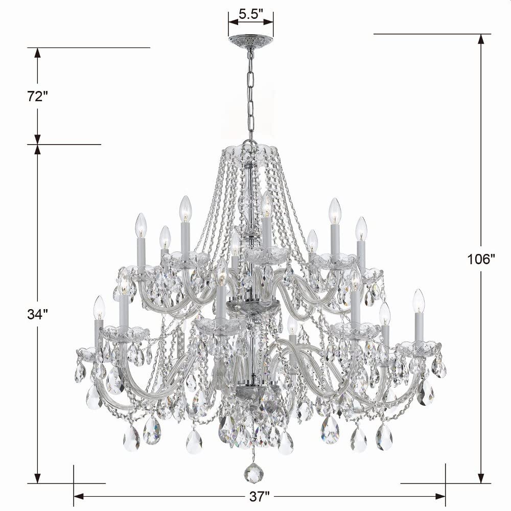 16-Light Crystal Chandelier with Strass Accents - Polished Brass Finish for Dining Room, Living Room & Bedroom Lighting