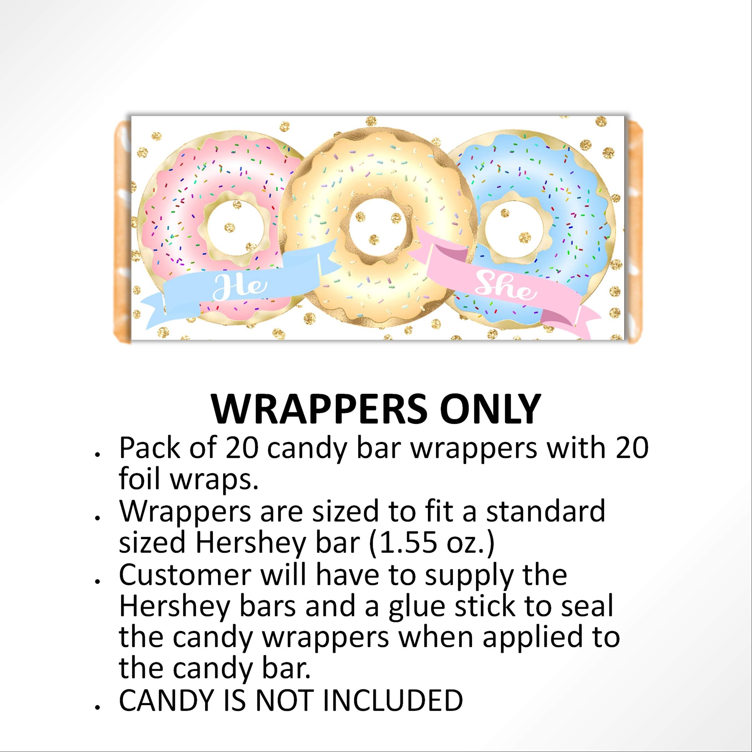 Gender Reveal Donut Candy Wrappers - 20 Pack Baby Shower Party Favors with Chocolate Bar Labels - Perfect for Gender Reveal Parties, Baby Showers & Celebrations