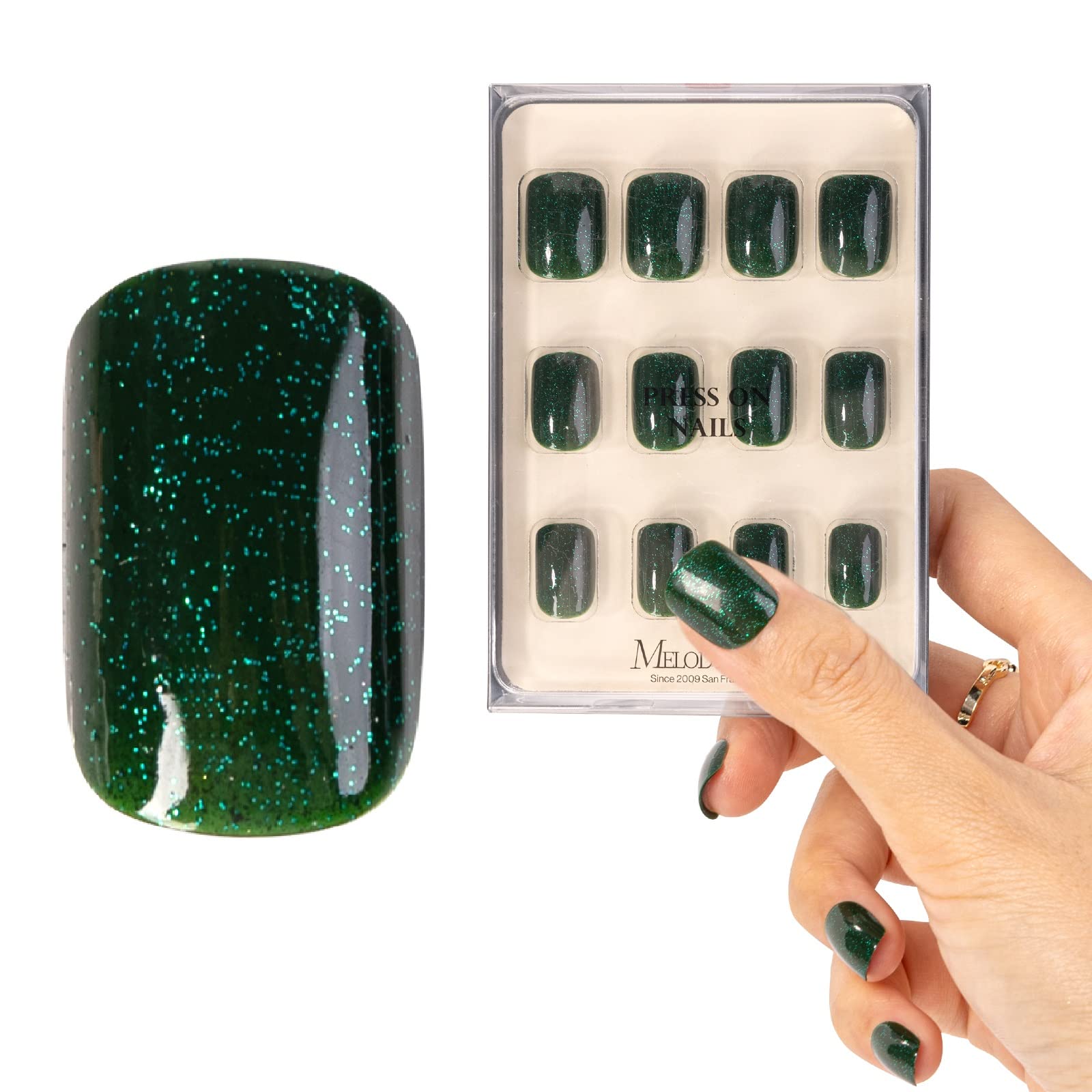 MelodySusie Short Square Press on Nails Kit - 30pcs Acrylic Fake Nails in 12 Sizes, Natural Look & Supreme Fit for Women & Girls | Forest Green | Perfect for Parties, Weddings, Daily Wear & DIY Manicures