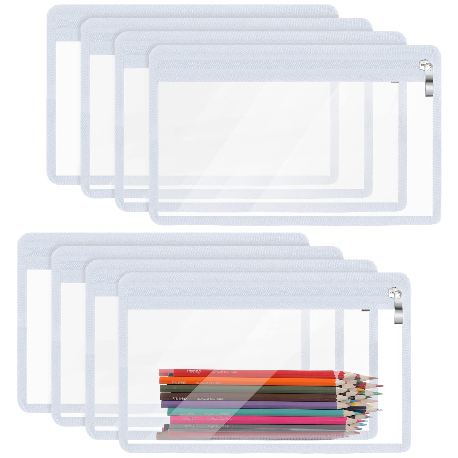 8-Piece Clear PVC Zipper Pouches for Pencils, Makeup & Documents - 11.5 x 7 Inch Multi-Purpose Storage Bags with White Edging - Perfect for Office, School, Travel & Home Organization