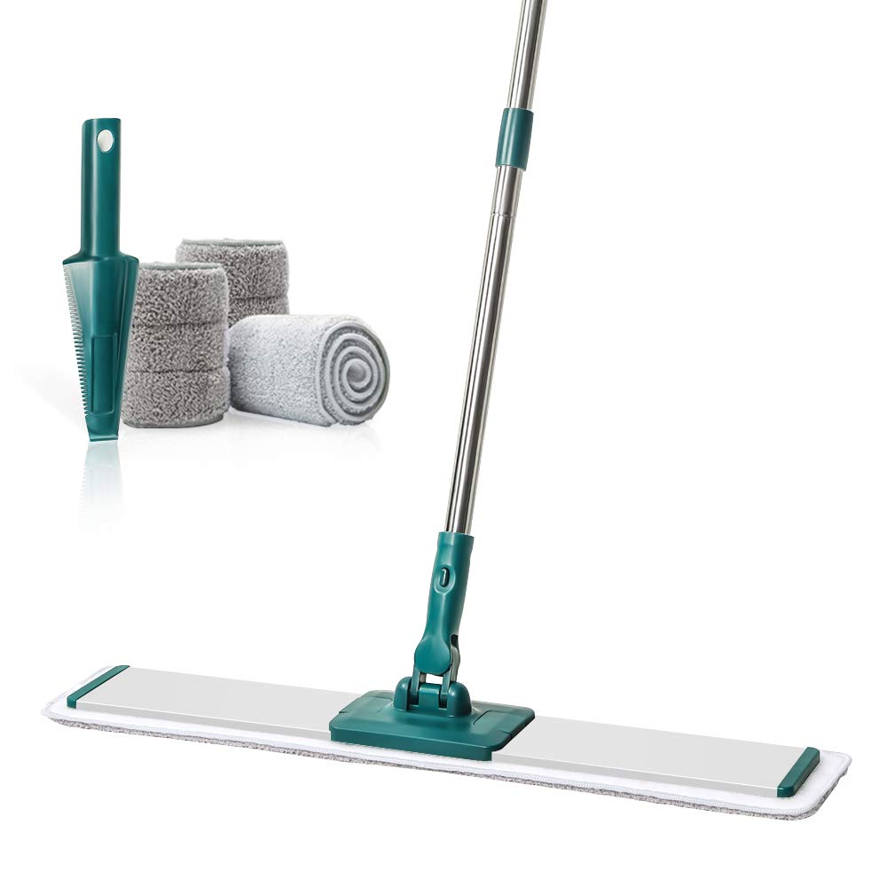 CQT Commercial Flat Microfiber Floor Mop Cleaning System - 24 Inch Wet Dry Dust Mop for Hardwood, Laminate & Tile Floors - Includes 4 Washable Pads & Stainless Steel Handle with Extension (PT14 Green) - Perfect for Homes, Offices & Commercial Spaces