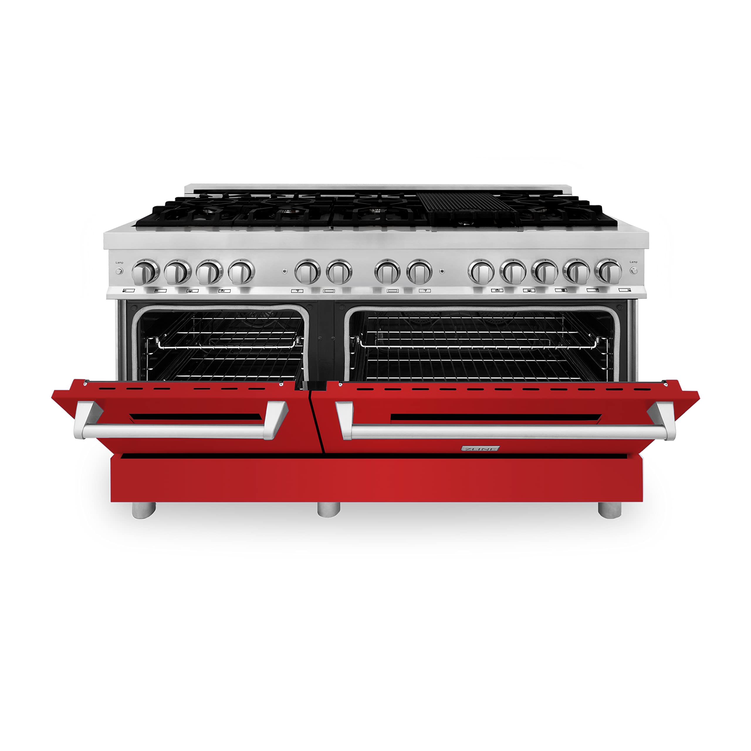ZLINE 60-inch 7.4 cu. ft. Dual Fuel Range with 9-Burner Gas Cooktop & 2 Electric Convection Ovens - Stainless Steel with Red Matte Doors (RA-RM-60) for Professional Home Kitchens and Gourmet Cooking