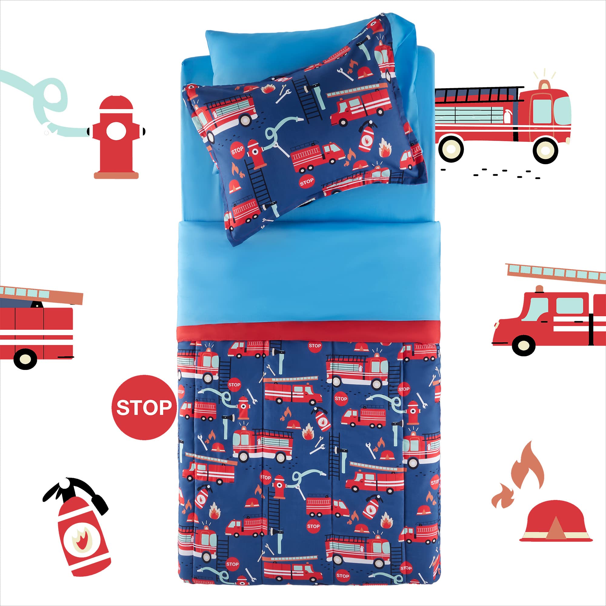 Kids Twin Bedding Set - 5 Piece Super Soft Comforter Set with Sheet, Pillowcase & Sham | Fade Resistant & Easy Care | Fire Truck Design | Perfect for Boys' Bedroom, Sleepovers & Nursery Decor