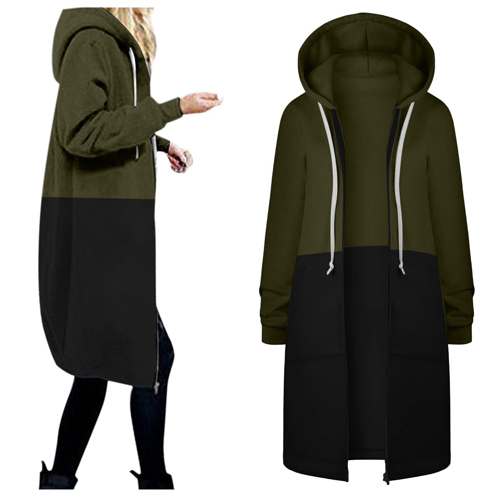 Women's Color Block Drawstring Hooded Jacket - Warm Zippered Sweatshirt Coat with Embroidery | Casual Outerwear for Fall & Winter, Perfect for Daily Wear, Travel and Outdoor Activities