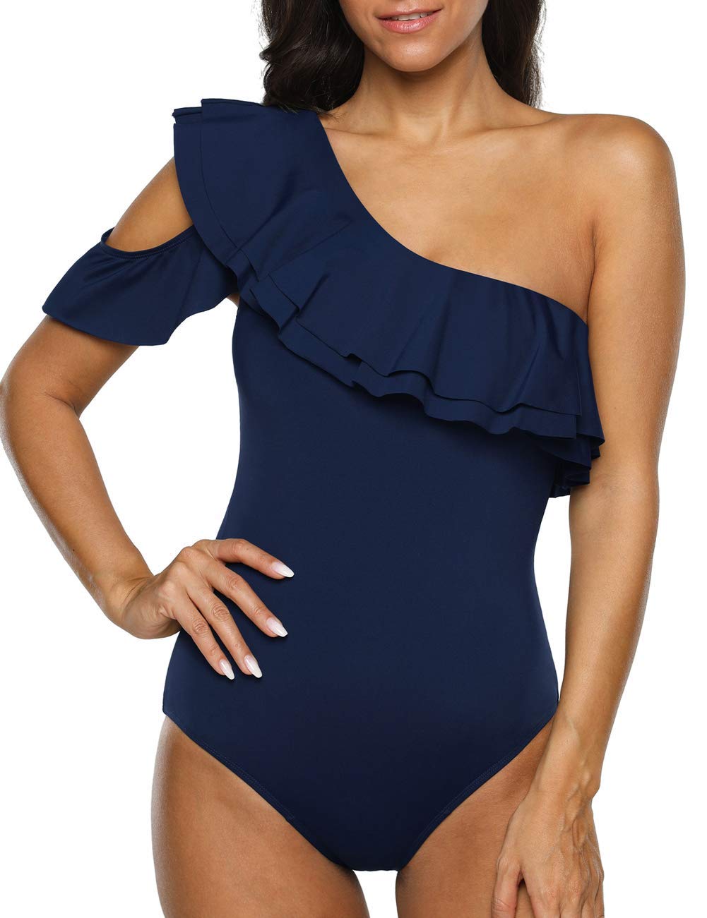 Hilor Women's One Shoulder Asymmetric One Piece Swimsuit - Ruffled Bathing Suit for Beach, Pool & Vacation | Sexy Monokini Swimwear for Women
